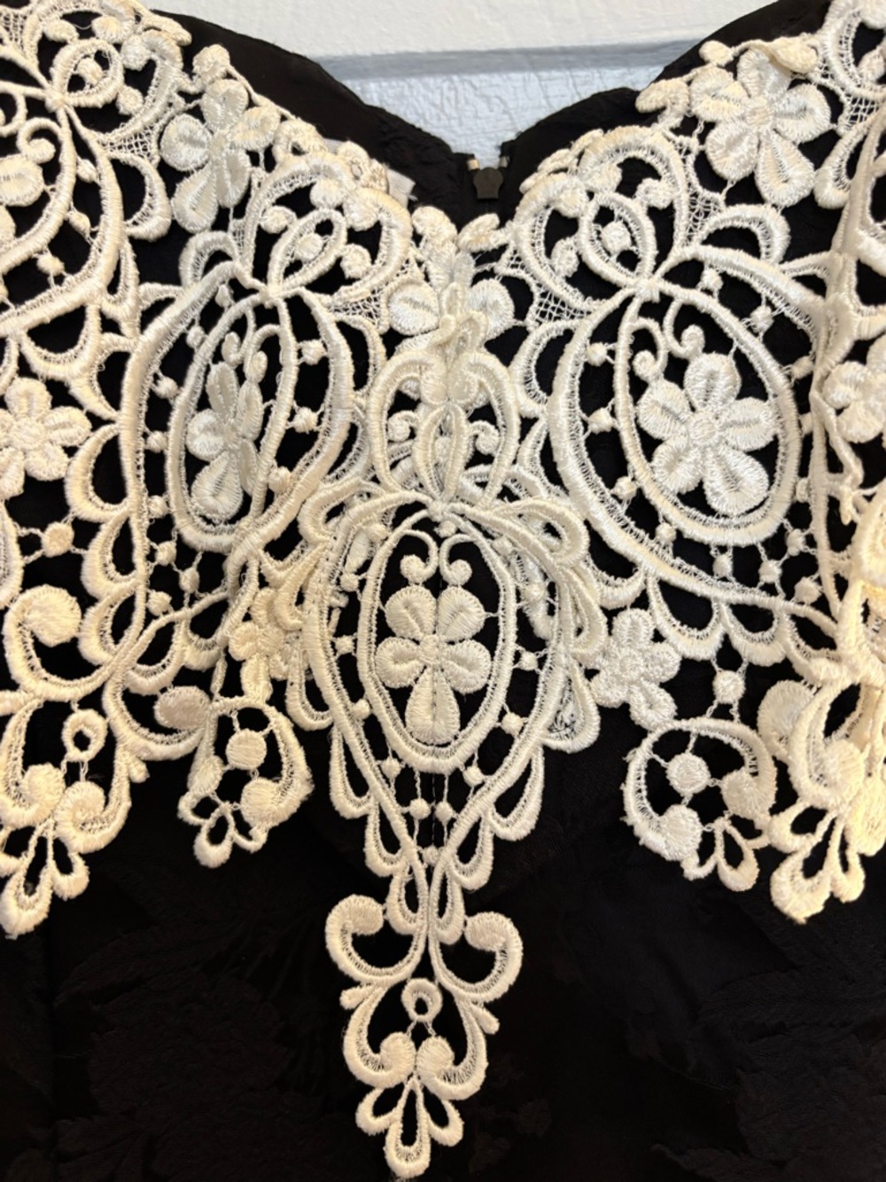 Vintage Gunne Sax Black Brocade Satin Mini Dress with White Floral Lace Accents - Picture 3 of 6